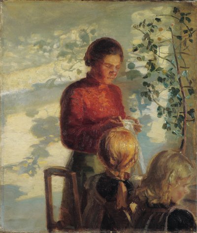 Two Little Girls Being Taught How to Sew by Anna Ancher